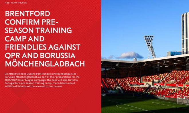 官方：布倫特福德8月季前賽對手為女王公園、門興