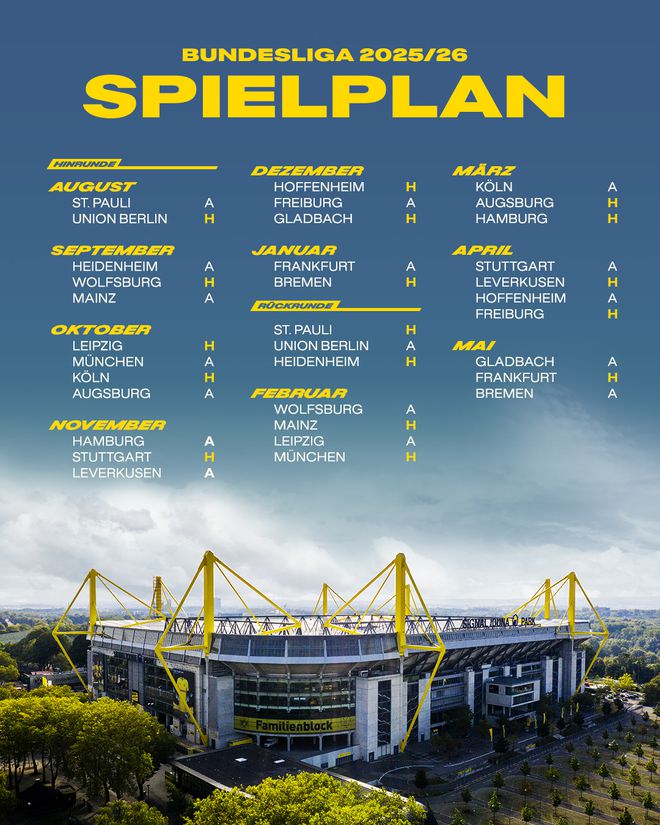 多特賽程：10月、2月拜仁戰(zhàn)，客場(chǎng)與主場(chǎng)對(duì)決